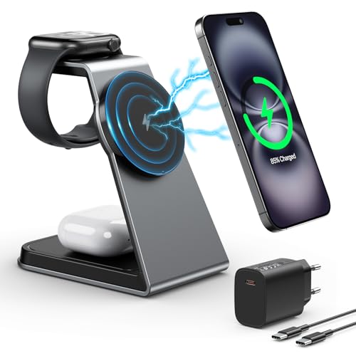 3-in-1 Ladestation für Apple Watch, iPhone und Airpods Pro - kabelloses Ladegerät für iPhone 16, 15, 14, 13, 12 (Grau)