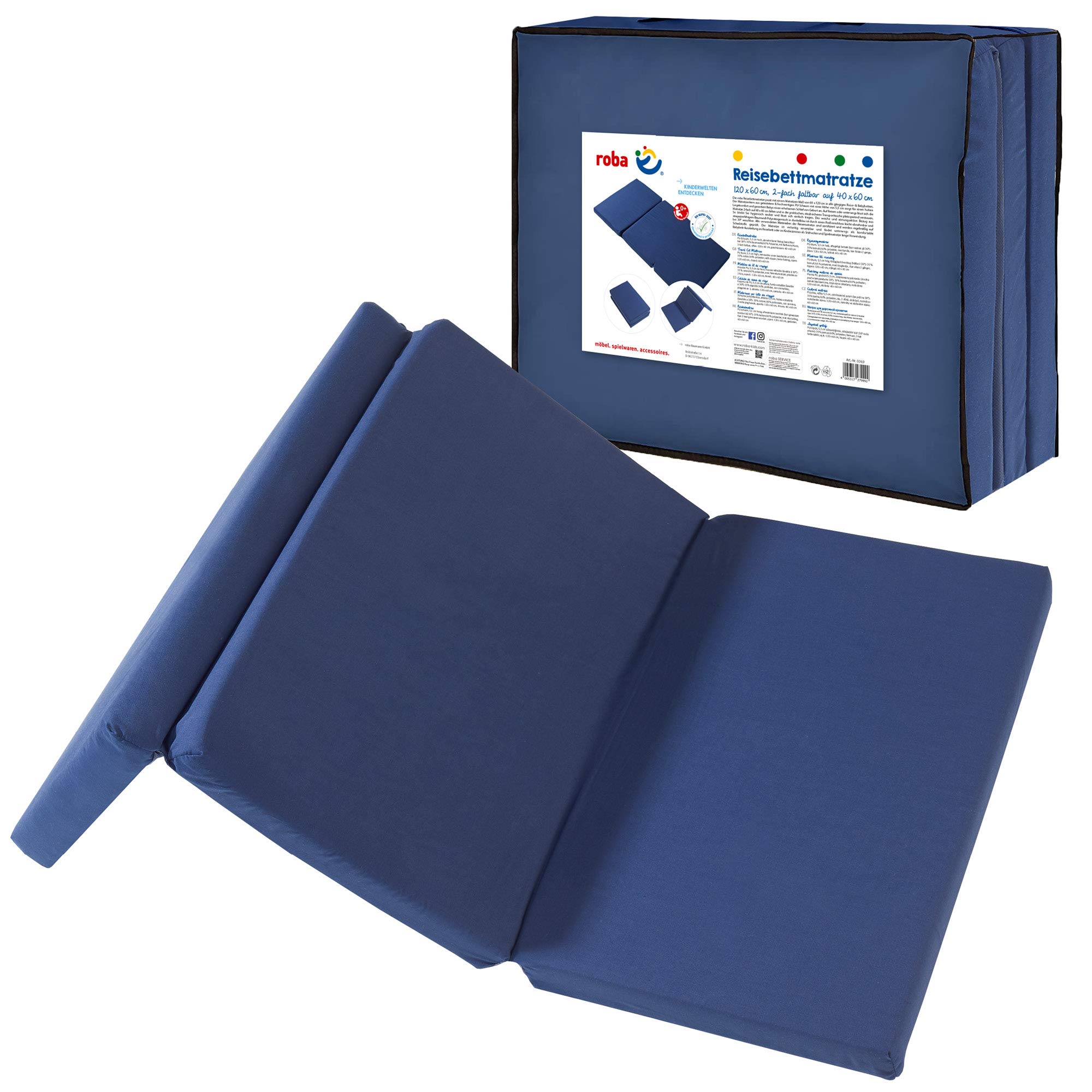 roba Reisebettmatratze – Faltbare Kinder-Reisematratze 60 x 120 cm mit abnehmbarem Bezug in Blau